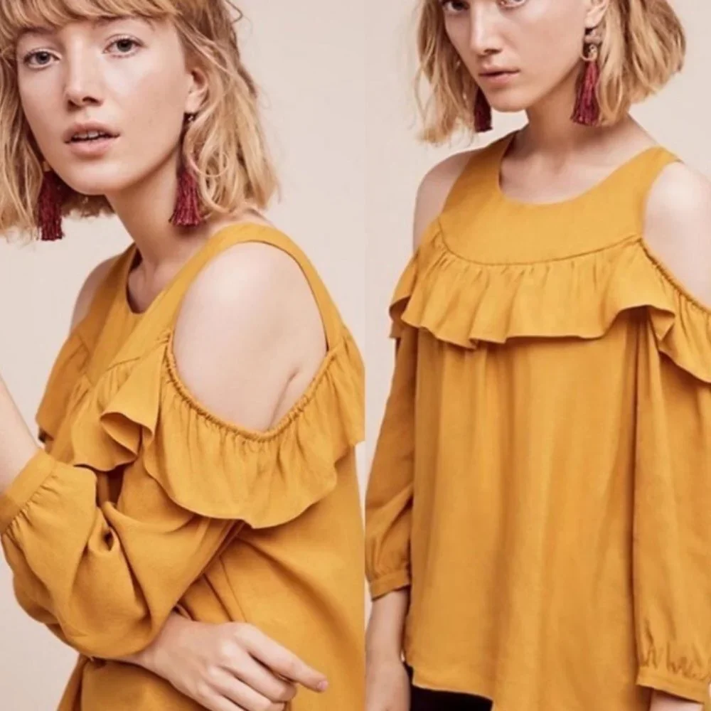 Anthropologie Maeve Brearly Mustard‎ Yellow Open Shoulder Ruffle Top Size 2 Boho - Picture 2 of 15